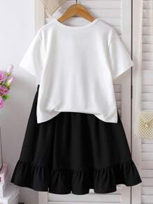 Tween Girls Casual Sweet Round Neck Short Sleeve Letter Print Cropped T-Shirt And High Waist A-Line Lace Trim Skirt Set, Summer