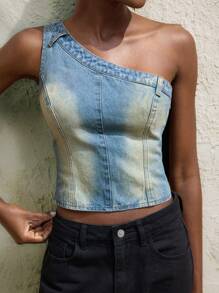 Maija 女装牛仔上衣 复古蓝 斜肩 春夏牛仔上衣 - 中等水洗藍 - 查看 1