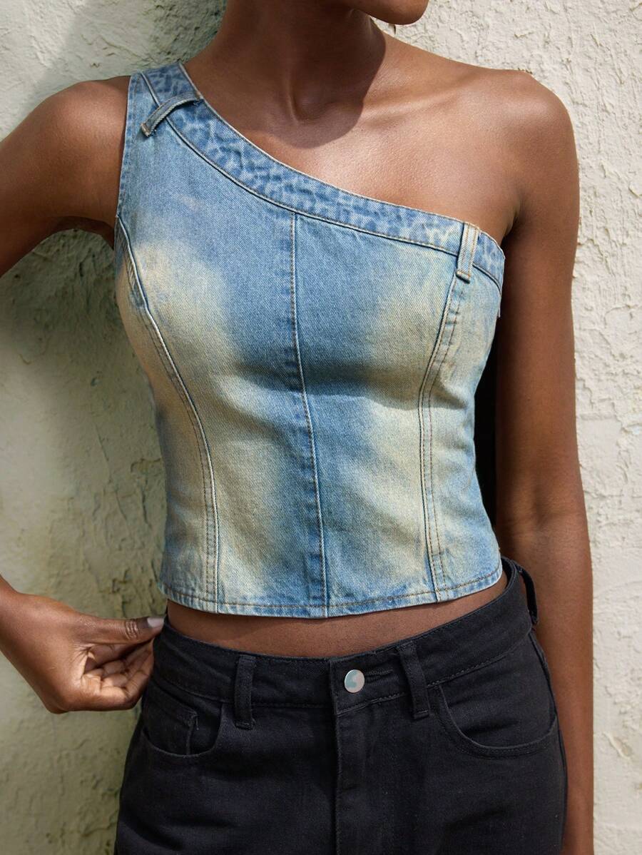 Maija 女装牛仔上衣 复古蓝 斜肩 春夏牛仔上衣 - 中等水洗藍 - 查看 1