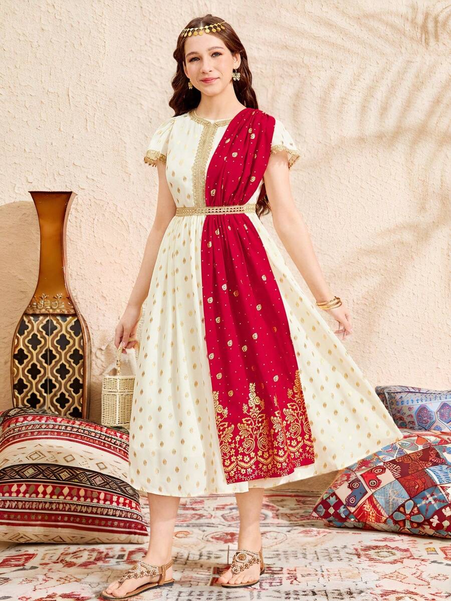 SHEIN 少女金丝带、箔、金色、红色、传统图案波尔卡圆点披肩二合一短袖箔传统奢华宽松 A 字裙、奢华假日 - 杏色 - 查看 1