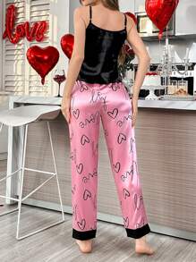Valentine's Day Faux Silk Plain Cami Pajama Set With Heart & Letter Print