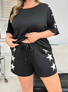Raglan Sleeve Simple Star Print Casual Comfy Pullover Pajama Set - Black - View 5