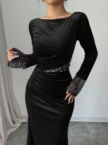 Elenzga 情人节红色节日连衣裙，长袖拼接珍珠串珠收腰褶皱开衩优雅浪漫连衣裙女 - 黑色 - 查看 3