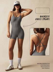 VARSITIE 吊带大露背短款修身女士运动连体裤 - 灰色 - 查看 1