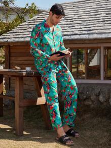 Manfinity ChillVibe Men's Front Button Long Sleeve Printed Minimalist Top & Pants Pajama Set - Mint Green - View 3