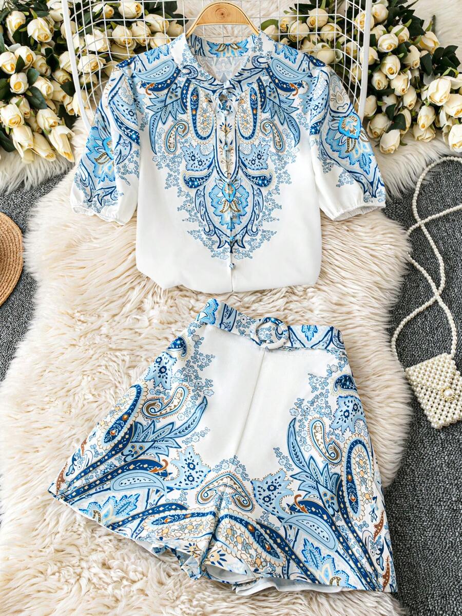 Breezaya Women's Fitted Paisley Print Shirt And Shorts Co-Ord Set, Vacation Style