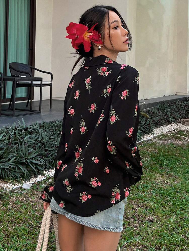 All-Over Floral Print Loose Long Sleeve Lapel Blouse, Vacation Casual Top For Women, Spring & Summer