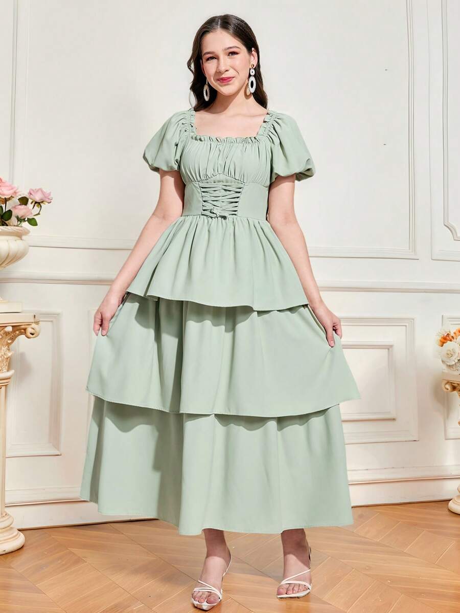 SHEIN Teen Girls' Green Elegant Luxurious Square Collar Ruffle Lightweight Party Princess Cake Tulle Layered Long Dress, Suitable For Spring/Summer, Elegant/Vintage, Vacation, Wedding Season, Princess Girls Dress, Valentine's Day/Easter - Green - View 1