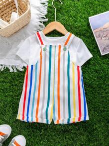 Baby Boy Casual Sports Cute Funny Colorful Romper With Suspender Shorts, Suitable For Spring & Summer, Wear At Home Or Go Out