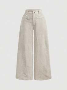 SHEIN PETITE Women's Solid Color Front Button Casual Wide Leg Pants, Suitable For Daily Wear