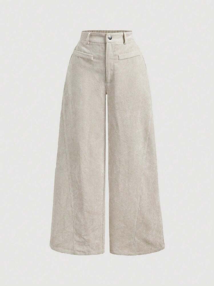 SHEIN PETITE Calça social de perna larga com botões na frente, em cor sólida, adequada para uso diário - Damasco - Visão 8