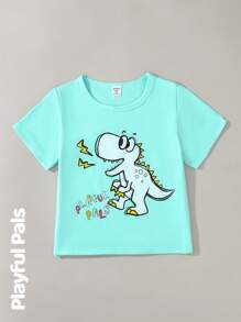 SHEIN 1 件男童休闲卡通恐龙印花短袖 T 恤 - 綠色 - 查看 4