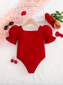 SHEIN Bộ đồ liền thân tay bồng cổ tròn đan màu trơn cho bé gái - Đỏ - Xem 2