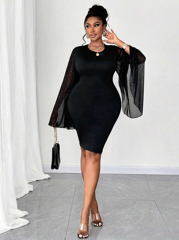 Maweii Plus Size Sexy Sequin Mesh Sleeve Bodycon Knit Dress - Black - View 4