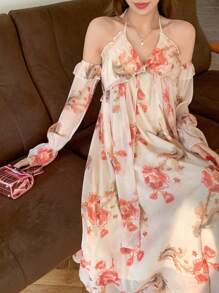 DAZY Floral Print Off Shoulder Ruffle Hem Midi Dress For Women,Fall Dress Long Sleeve Dress Boho Vacation Outfits Women - Pink - View 7