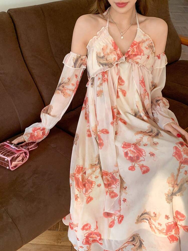 Floral Print Off Shoulder Ruffle Hem Midi Dress For Women,Fall Dress Long Sleeve Dress Boho