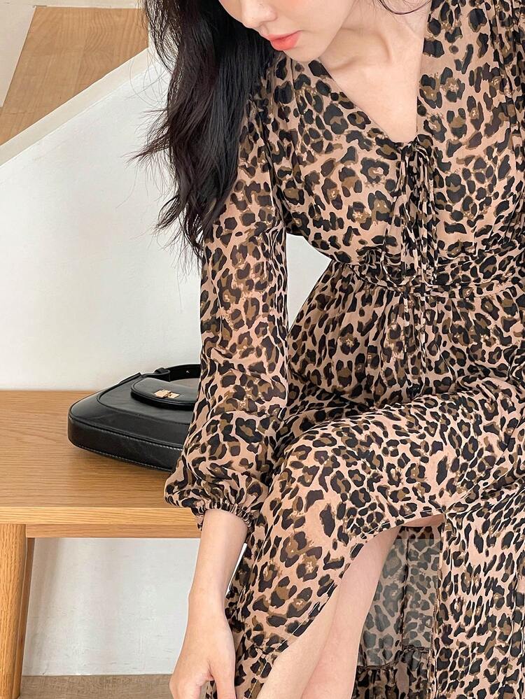 French Style Leopard Print Long Waist-Cinched Dress For Women, Fall Dress Long Sleeve Dress