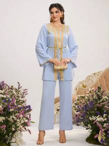 Al Najma Women's Embroidered Top And Pants Arabic Style Outfit,Modest