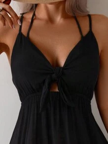 Swim Lushoire Summer Clothes Women Solid Color Sleeveless Simple Casual Short Elegant Babydoll Dress, Summer Beach Vacation - Black - View 3