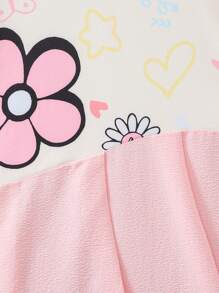 SHEIN Tween Girls' Loose Casual Patchwork Floral Print Round Neck Ruffle Hem T-Shirt - Pink - View 3