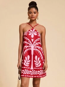Travachic Vestido corto de punto con escote descubierto y estampado de palmeras para mujer