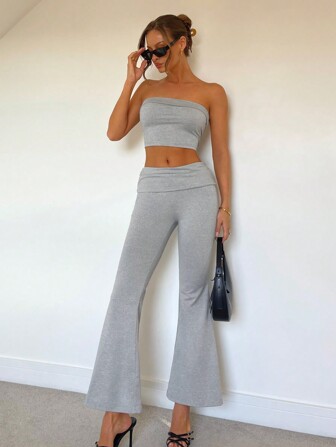 Calvaya Damen Gestricktes, eng anliegendes Wickelbrustoberteil und weite Hose mit niedriger Taille, lässiges sportliches Set