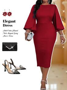 Fleurora Plus Size Solid Color Round Neck Elegant Long Sleeve Dress - Red - View 1