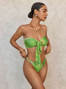 SHEIN Swim Basics Women Sexy Tie-Dye Tie Dye Print Bandeau Bikini Set, For Summer Beach Vacation - Cadet Blue - View 7