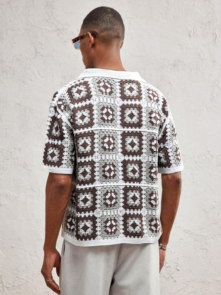 Party Men's Oversized Dropped Shoulder Turndown Collar Short Sleeve Knit Top, Suitable For Summer - Multicolor - View 5