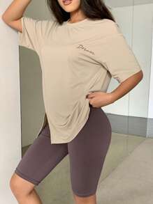 DAZY 2 件套女士字母印花宽松短袖上衣和修身短裤睡衣套装 - 杏色 - 查看 6