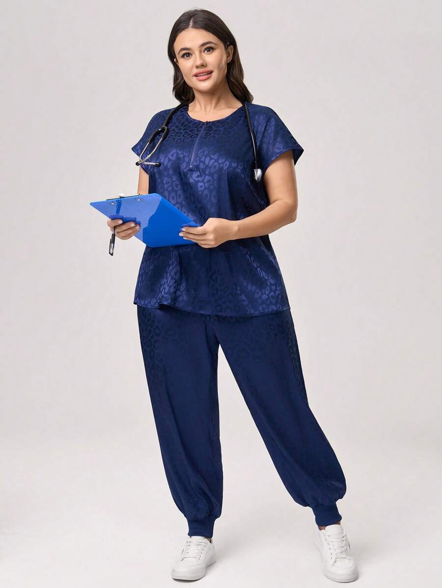 TaskEZ Plus Size Women's Leopard Jacquard Casual Loose Fit Short Sleeve Top And High Waist Drawstring Pants Nurse Scrub Uniform Set - Navy Blue - View 1