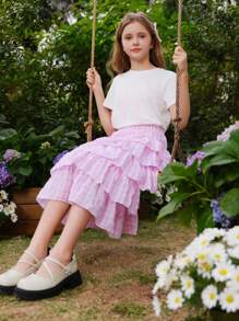 SHEIN Tween Girls 2pcs Bowknot Short Sleeve Top And Plaid Multilayer Cake Skirt Set, Cute & Sweet Style, Suitable For Outings, Social Media Photos - Pink - View 3
