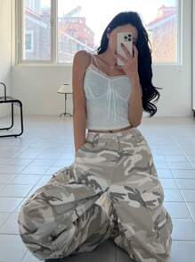 DAZY 宽松迷彩直筒女式休闲工装牛仔裤 - 杏色 - 查看 2