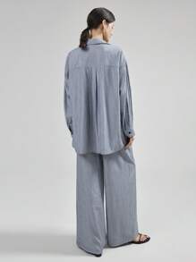Ontre 2pcs/Set Women Blue Button Front Long Sleeve Pocket Striped Minimalist Top And Pants Set - Black and White - View 2