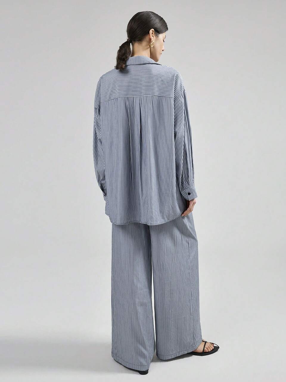 2pcs/Set Women Blue Button Front Long Sleeve Pocket Striped Minimalist Top And Pants Set