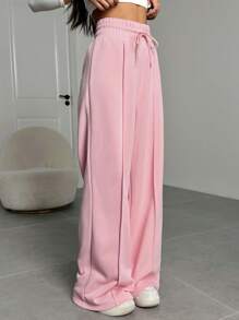 SHEIN Tall CURVE Quần dài ống rộng thời trang rộng rãi thoải mái có dây rút cho nữ cỡ lớn - Hồng - Xem 4