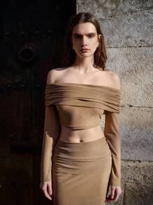 Maija Spring And Summer New Style Khaki Glitter Knitted One-Shoulder Top Waisted Sexy Skirt Women's Two-Piece Set Urban Modern Elegant Sleeveless Daily Casual Commuting Suitable For Going Out On Holiday, Holiday Party, Wedding Date Wear - Brown - View 1