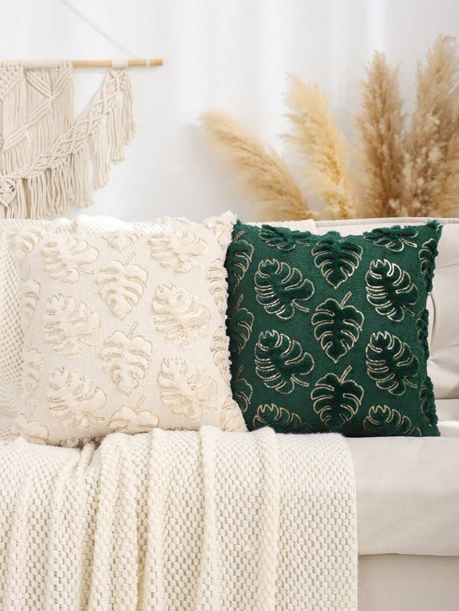 金色亮片刺绣毛绒龟背竹叶绗缝垫套