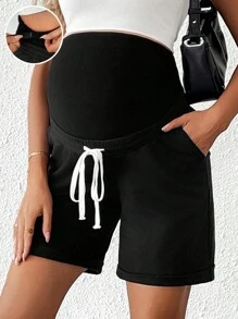 SHEIN Quần short cạp rút màu trơn đơn giản cho phụ nữ mang thai - màu đen - Xem 3