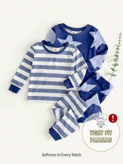 Cozy Pixies 4 件套男婴舒适睡衣，彩色条纹和撞色点缀圆领长袖上衣和长裤