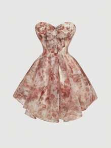 SHEIN MOD Conjunto de cárdigan de manga linterna de estampado floral y vestido tubo, con volantes, lazos, para té, baile, fiesta, elegante, cortesano, múltiples formas de usar, conjuntos, disfraz, vestido mini de organza sin tirantes con copas con aros y un chaquetilla desmontable con ballenas para estructura, largo mini plisado con detalle de borde ondulado en el bajo.