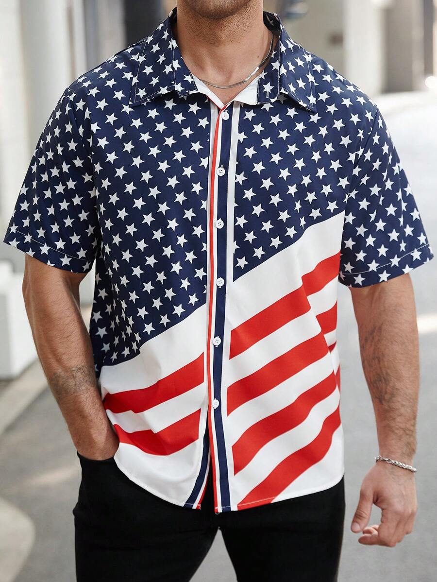 Manfinity LEGND Plus Size Men's Front Button Short Sleeve Solid Color Patchwork Casual Top - Multicolor - View 1