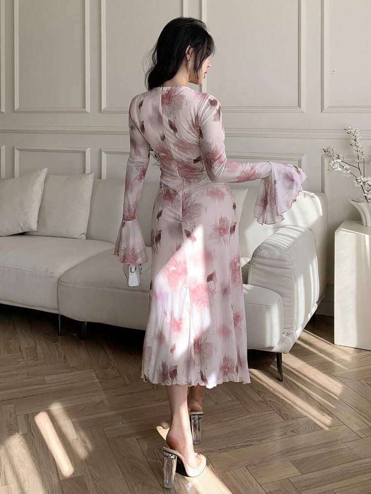 V-Neck Floral Print Puff Sleeve Tie Front Mid-Calf Dress For Women,Ruffle,Fall Dress Long Sleeve Dress Easter
