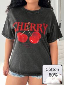 SHEIN EZwear T-shirt casual grandes tailles, look lavé à l'acide vintage tricoté déchiré, t-shirts graphiques pour femmes, streetwear, imprimé cerise, vêtements grunge, simple et pour un port quotidien, vêtements printemps-été