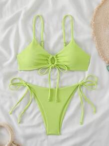 SHEIN Swim Springbreak Halter Bikini Set, Underwire-Free With Tie Side Thong Bottom For Summer Beach Vacation - Lime Green - View 1