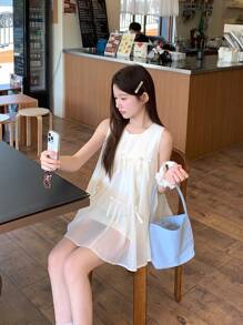 DAZY 女士甜美蝴蝶欧根纱拼布背心，可爱青春，无袖夏季娃娃装上衣 - 杏色 - 查看 5