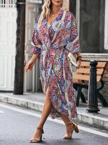 SHEIN LUNE 女士度假植物印花超长和服，适合夏季海滩度假