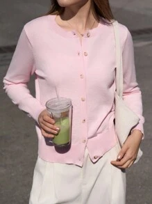Jouncy Solid Color Single Breasted Long Sleeve Knitted Cardigan, Versatile Sweater For Women Fall Winter Cloth For Women - Pink - View 5