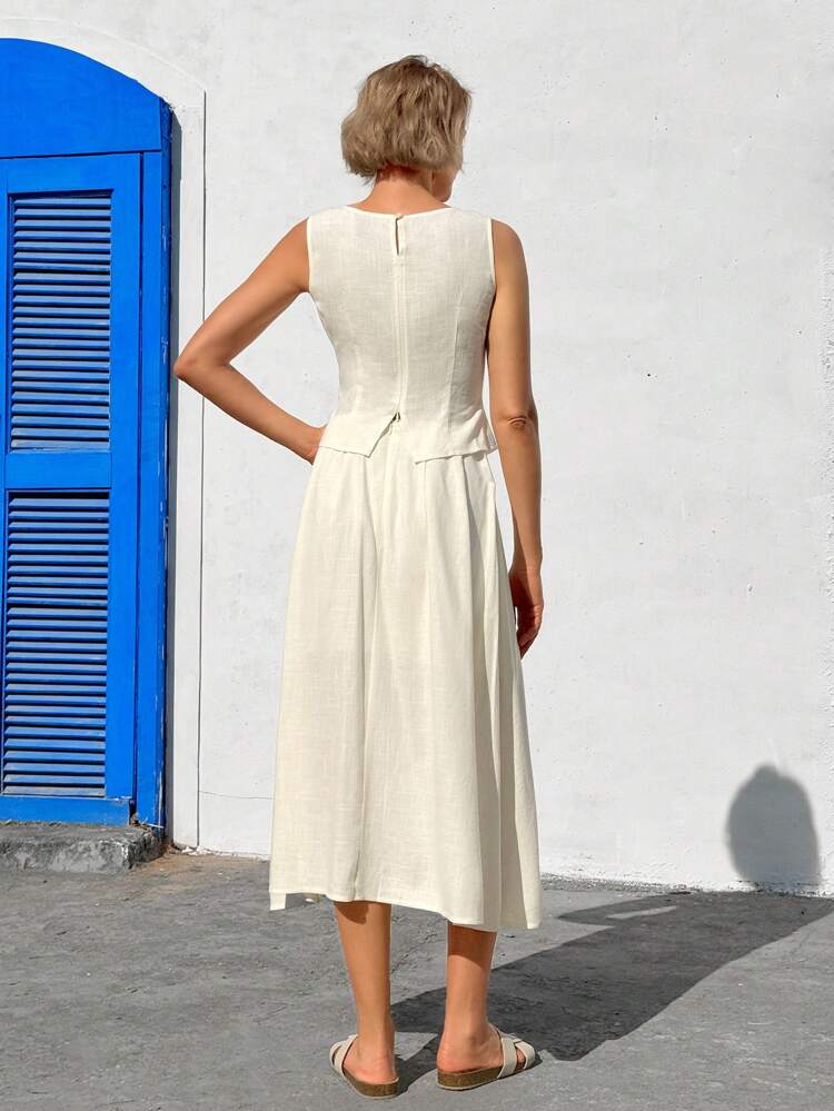 2pcs/Set Women's Solid Color Round Neck Sleeveless Top And Skirt