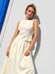 SHEIN LUNE 2pcs/Set Women's Solid Color Round Neck Sleeveless Top And Skirt - White - View 3